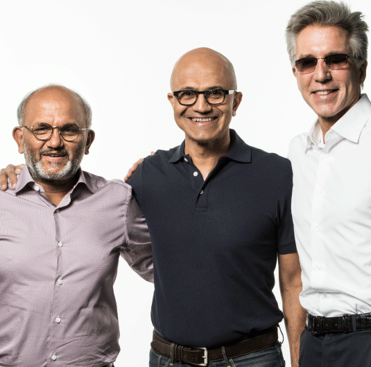 Image credit - Microsoft. Shantanu Narayen, CEO, Adobe (left), Satya Nadella, CEO of Microsoft (centre), and Bill McDermott, CEO of SAP (right)